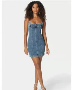 Women's bebe Metal Strap Detail Fitted Denim Dress Full Zip Back Sz 6 Runs Small - Picture 1 of 18