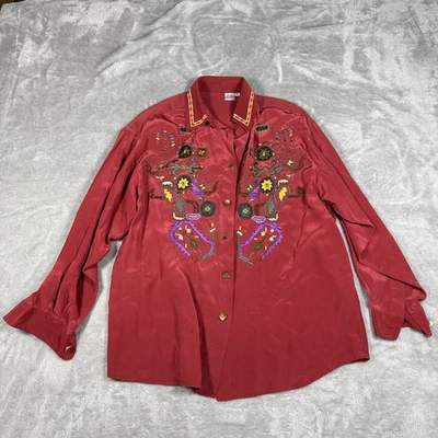 Camisa Western Vintage Mujer 8 Rojo Seda Bordada Boho Suroeste Vaquera Años 80 Foto 1 de 4