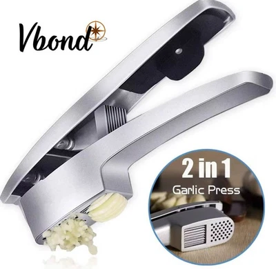 Combo de prensa y rebanadora de ajo 2 en 1 con herramienta de limpieza, aleación de aluminio, plata Foto 1 de 4