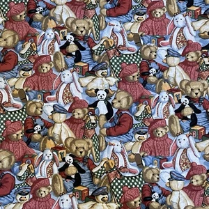 Daisy Kingdom Flannel Fabric Blue Jean Teddy Packed Toys 3 1/2 Yards Uncut - Picture 1 of 8