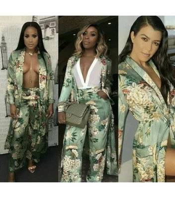 Kimono Oriental Zara Verde Estampado Floral Coord M Raro Bloggers sin cinturón Foto 1 de 4