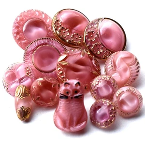 Lot 13 Vintage Pink Moon Glow Glass Buttons Gold Accents & CAT 7/16 -13/16" - Picture 1 of 4