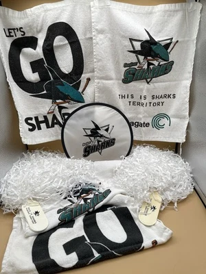 Lote de toalhas de rali San Jose Sharks fã Poms frisbee NHL hóquei recordações - Imagem 1 de 4