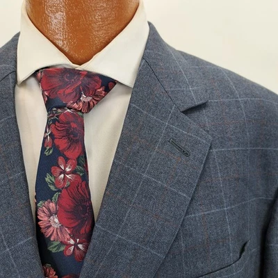 Joseph Feiss Mens 50R Blue Silk Wool Plaid Suit Jacket Blazer Windowpane - Image 1 of 4