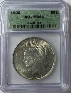 Un dólar de plata Peace 1922 $1 US Philadelphia ICG MS61 - Imagen 1 de 2