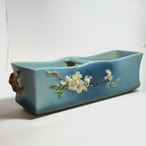 Vintage Roseville Pottery Blue Apple Blossom Window Box Planter Vase #369-12 15"