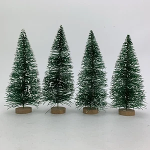 Vintage Green Bottle Brush Snowing Pine Trees with Wooden Base 7" Set of 4 - Picture 1 of 17