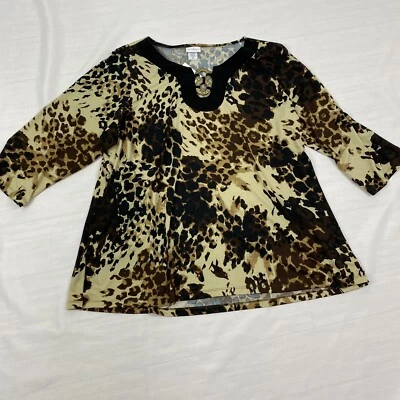 Jaclyn Smith Black Top Blouse Cheeta Print bling Plus Size 3X wrinkle resistant - Image 1 of 4