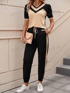 Women'S Color Block Short Puff Sleeve T-Shirt And Pants Two-Piece Set. Size S - Picture 1 of 4