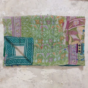 Handmade Throw Blanket Kantha Quilt Indian Vintage Cotton Green Bedspreads - Picture 1 of 3