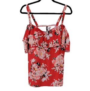 Women's Torrid Wire-Free Full Cover Red Ikat Floral Tankini Swim Top Size 3 (3X) - Picture 1 of 8