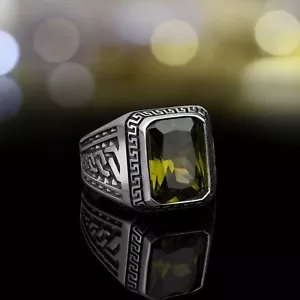 925 Sterling Silver Handmade Turkish jewelry Green Peridot Men's Ring Size 7-14 - Picture 1 of 5
