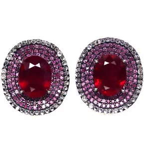 Heated 7 X 9 mm Red Ruby & Pink With White Sapphire Earrings Silver 925 Sterling - Picture 1 of 5