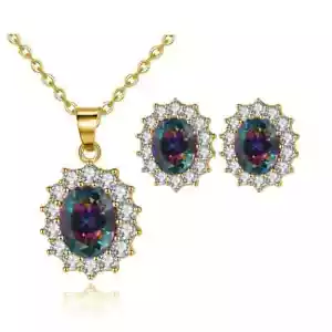 18K Yellow Gold Created Mystic CZ Round 1 Carat Oval Necklace Plated 18 Inch - Picture 1 of 1