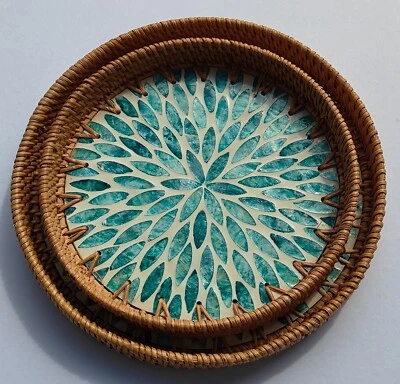 Rattan Tray with Mother of Pearl Inlay, Round Rattan Serving Tray Blue 2 pcs Set - Image 1 of 4