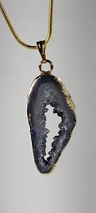 1.8" GRAYISH BLUE GEODE DRUZY QUARTZ STERLING SILVER GOLD PLATE PENDANT NECKLACE - Picture 1 of 9