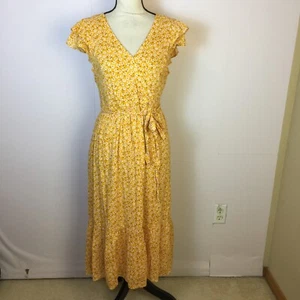Antiguo Vestido Azul Marino Midi Envolvente Talla S Mujer Amarillo Floral Cuello en V Cintura Elástica Cinturón - Imagen 1 de 16
