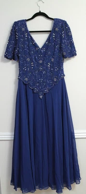 Vestido/vestido de noche largo Vitage Scala con cuentas/lentejuelas/gasa azul manga corta pequeño Foto 1 de 4