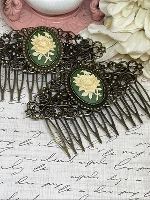Pair Bronze Barrette Jewelry Hair Combs Cameo Green Rose Wedding Party Gift New - Image 1 of 4