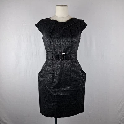 Karen Millen Belted Black Dress Tailored Glittery Dress UK 12 Fits UK 10 RefT - Image 1 of 4