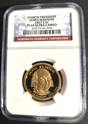 2007 S NGC PF-69 James Madison $1 US Mint Coin 2007-S Proof Ultra Cameo - Image 1 of 2