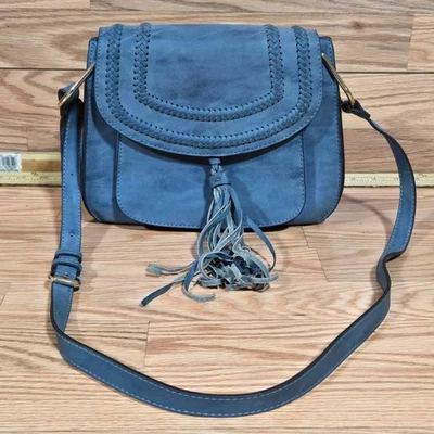 Franco Sarto Crossbody Boho Dusty Blue Saddlebag Fringe Tassels [T44] - Image 1 of 4