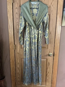 Vintage Victoria Secret Robe M/L Full Length Gold Shimmer/Blue Slate Damask VGUC - Picture 1 of 24