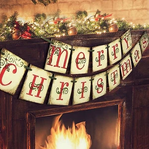 Merry Christmas Banner - Vintage Xmas Decorations Indoor for Home Office Party F - Picture 1 of 12