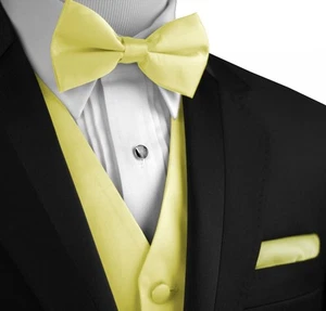 Men's Solid Satin Tuxedo Vest, Bow-Tie and Hankie Set. Formal Dress Wedding Prom - Picture 1 of 35