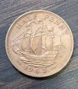1963 GREAT BRITAIN Half Penny - Elizabeth II 1st portrait; KM#896 Ship Sailing - Picture 1 of 2