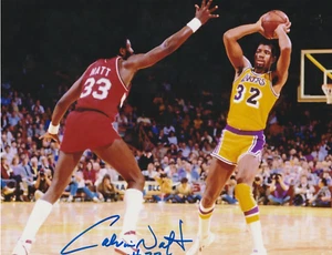CALVIN NATT  PORTLAND TRAIL BLAZERS  W/ MAGIC JOHNSON  ACTION SIGNED 8x10 - Picture 1 of 1