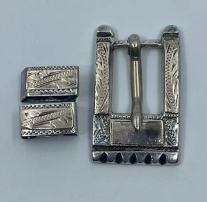 Vintage Damen mexikanisches Sterlingsilber .925 Gürtelschnalle Set mit goldfarbenem Inlay - Bild 1 von 14