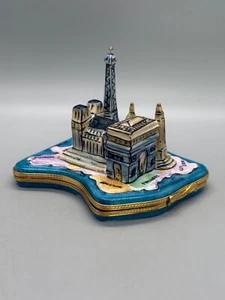 VTG Limoges France Deco Peint Main Porcelain Paris Trinket Box Map Notre Dame - Picture 1 of 18