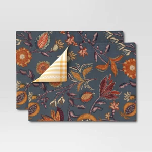 2pc Floral/Plaid Reversible Placemat Set of 2 Threshold: Bohemian Style NEW - Picture 1 of 1