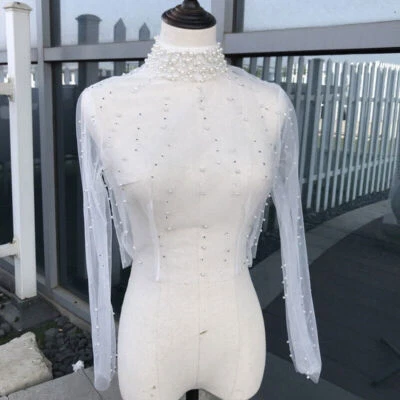 Chaquetas de boda vintage cuello alto perla nupcial bolero envolturas chaqueta botones traseros Foto 1 de 4