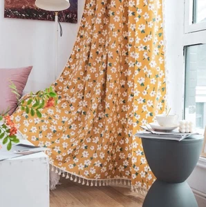 NEW Yellow Flower Boho Curtain Panel 55 X 84 Inch Pom Tassels Cotton Linen Blend - Picture 1 of 5