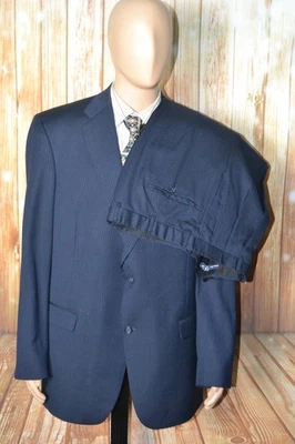 Hart Schaffner Marx Men Navy Blue Stripe 2 Front Button Suit Sz 46L Wst 40x38 - Image 1 of 4