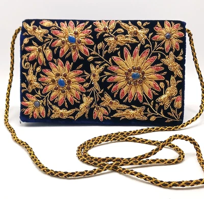 Bolso de mano Zardozi Azul Terciopelo Lapislázuli, Granate Piedra Dorado Bordado Foto 1 de 4