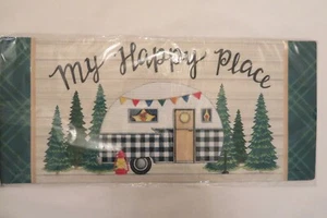 "My Happy Place" Black Checks Camper, Sassafras Rug Insert Switch Door Mat 10x22 - Picture 1 of 2