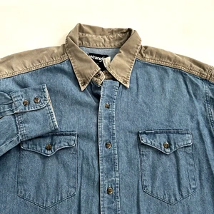 Camicia uomo Wrangler taglia 17,5 35 x coda lunga denim stile vintage colorblock - Foto 1 di 7