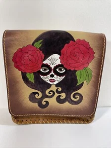 Chicatolia Day Dead Genuine Leather Painted Handmade Ladies Womens Crossbody Bag - Picture 1 of 9