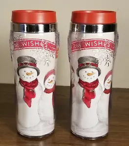 Warm Wishes Winter Snowmen Insulated Hot/Cold Tumbler Travel Mugs Set of 2 *NEW* - Picture 1 of 10