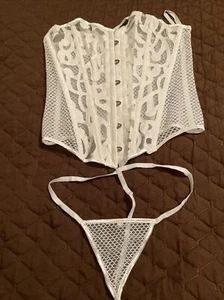 White Lace Corset Bustier with G String Mesh Back SZ L Sexy - Picture 1 of 17
