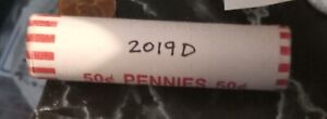 Bank Rolled 2019 D  Brilliant Uncirculated Lincoln Shield Cents/Pennies (Penny)