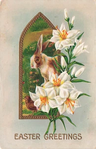 VINTAGE EASTER POSTCARD BUNNY RABBIT AND EASTER LILIES 1912 EMBOSSED 022224 T - Picture 1 of 2