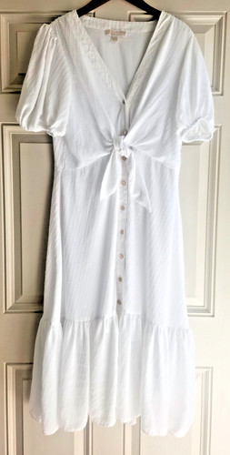 Abito midi Michael Kors bianco testurizzato cravatta davanti maniche corte a sbuffo grande