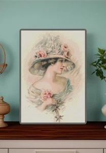 Fine Art Vintage Lady w. Rose - Tabella punti ago modello punto croce contato - Foto 1 di 2