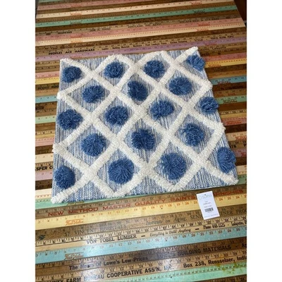 Surya Shaggy Texture White Blue Aztec Boho Tribal Pillow Cover 22x22 100% Cotton - Image 1 of 4