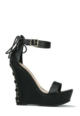 Madeleine by SHOEDAZZLE Sandalias de tacón de cuña con corsé de cuero hechas por el hombre negras TALLA 8 Foto 1 de 4