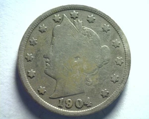 1904 LIBERTY NICKEL SEHR GUT / FEIN VG/F SCHÖNE ORIGINAL MÜNZE BOBS MÜNZEN 99c SCHIFF - Bild 1 von 2